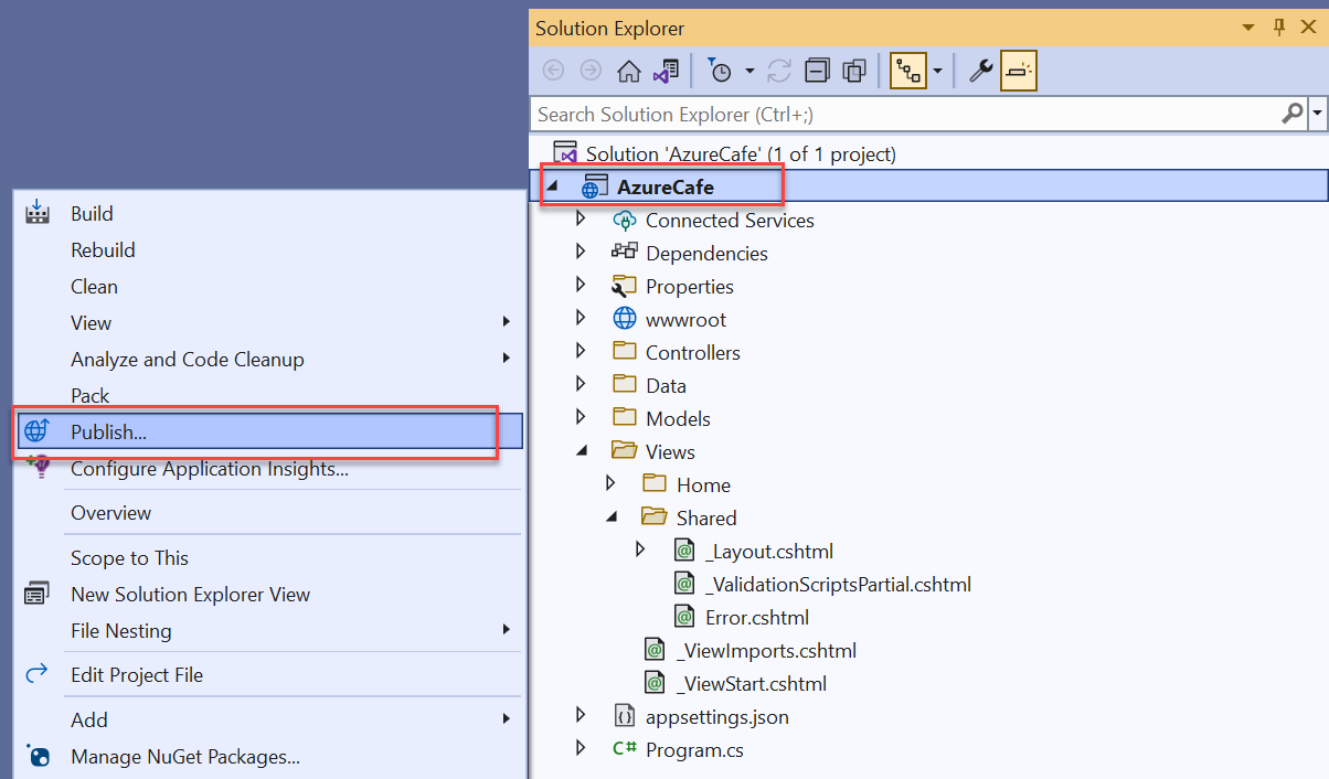 Visual Studio Průzkumník řešení se zobrazí s vybraným projektem Azure Cafe a zvýrazněnou položkou místní nabídky Publikovat.