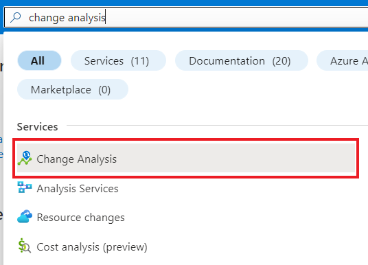 Snímek obrazovky vyhledávání analýzy změn na webu Azure Portal