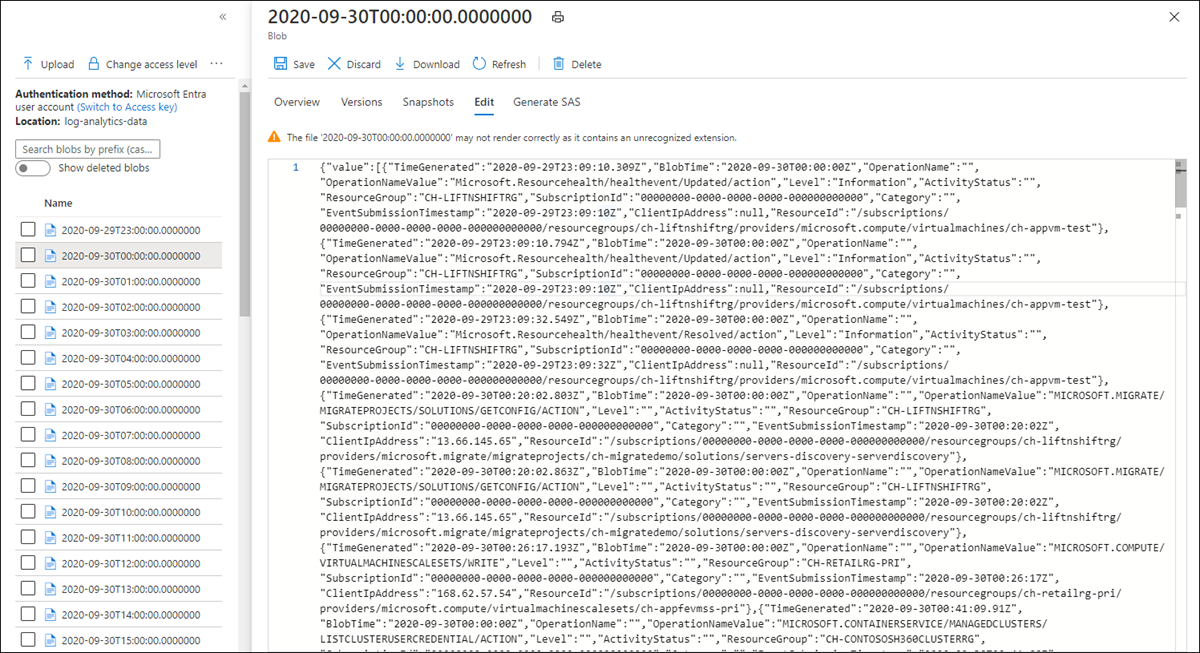 Snímek obrazovky znázorňující data objektů blob