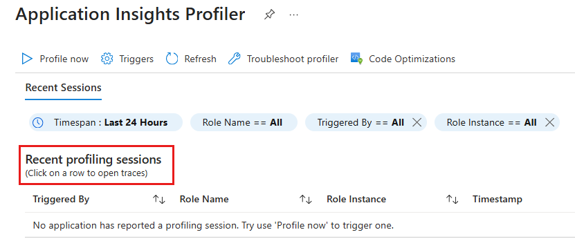 Snímek obrazovky webu Azure Portal se stránkou profileru Application Insights