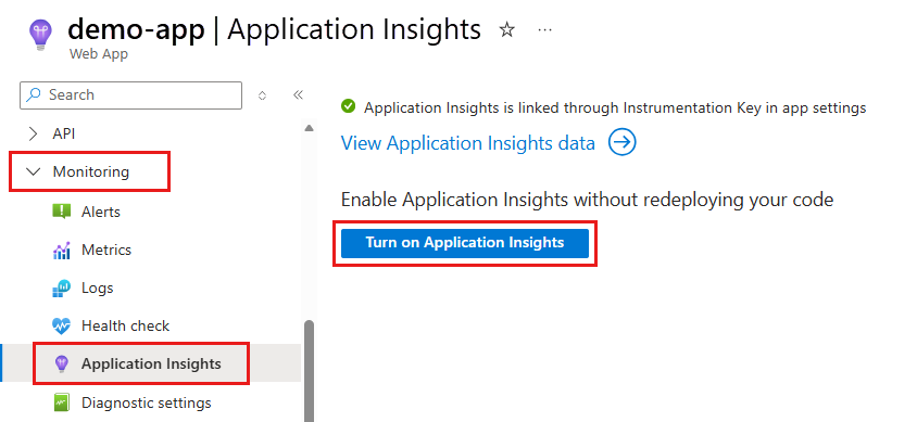 Snímek obrazovky znázorňující zapnutí Application Insights pro vaši aplikaci