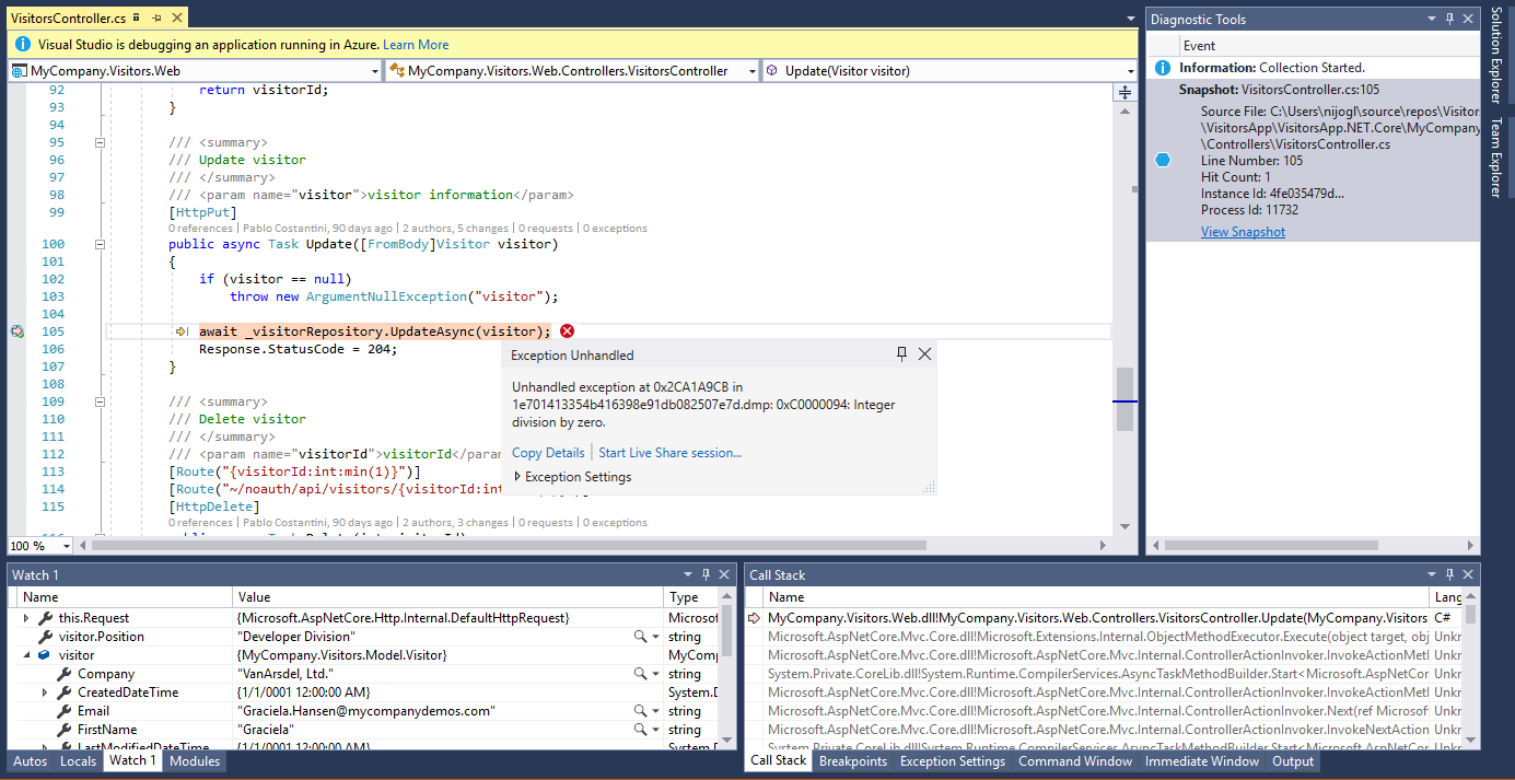 Snímek obrazovky znázorňující snímek ladění v sadě Visual Studio