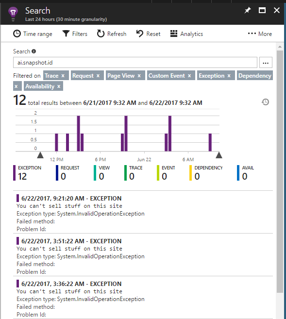 Snímek obrazovky znázorňující vyhledávání telemetrie podle ID snímku v portálu