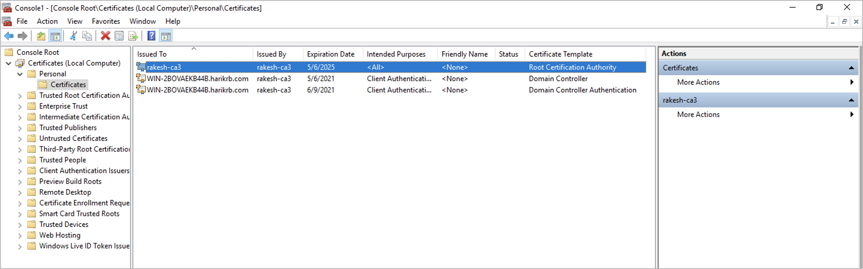 screenshot that shows personal certificates