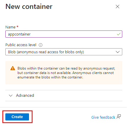 Snímek obrazovky nového kontejneru pro zadání názvu a úrovně veřejného přístupu