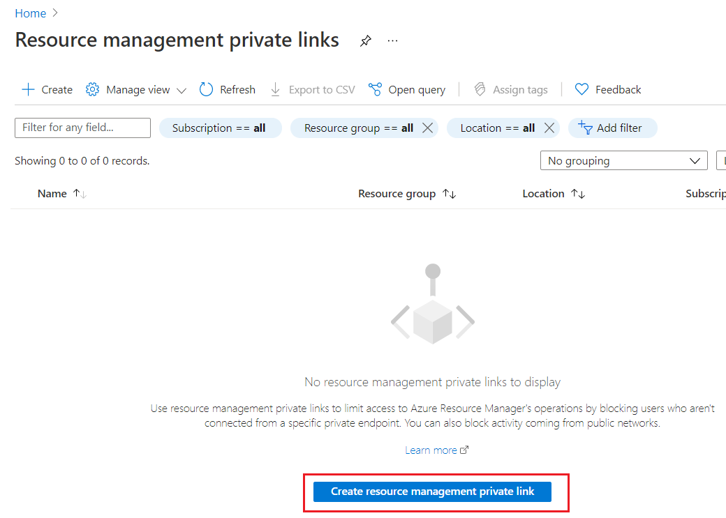 Snímek obrazovky webu Azure Portal s tlačítkem Vytvořit privátní propojení správy prostředků