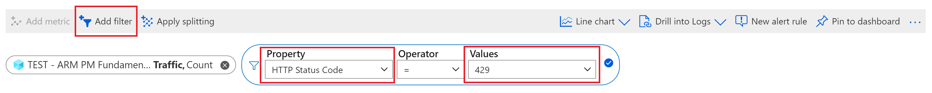 Snímek obrazovky s filtrováním stavového kódu HTTP na odpovědi 429 pouze v Azure Portal.