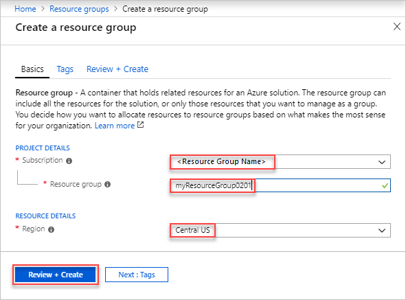 Snímek obrazovky s formulářem Vytvořit skupinu prostředků na webu Azure Portal s poli předplatného, skupiny prostředků a oblasti