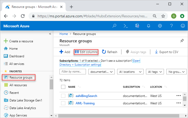 Snímek obrazovky webu Azure Portal zobrazující seznam skupin prostředků