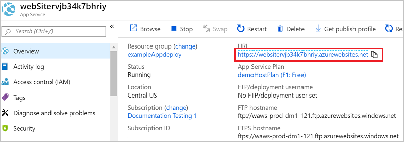 Snímek obrazovky s Azure Portal zobrazující prostředek webové aplikace se zvýrazněnou adresou URL