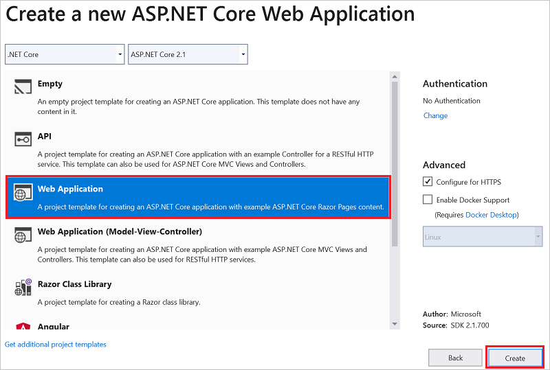 Snímek obrazovky s oknem Nová webová aplikace ASP.NET Core s vybranou webovou aplikací