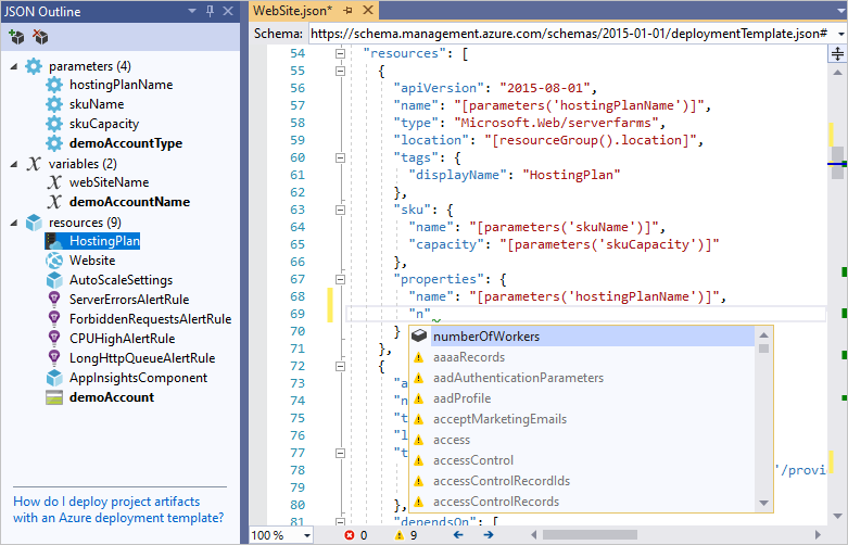 Snímek obrazovky editoru sady Visual Studio s návrhy IntelliSense pro Resource Manager šablonu