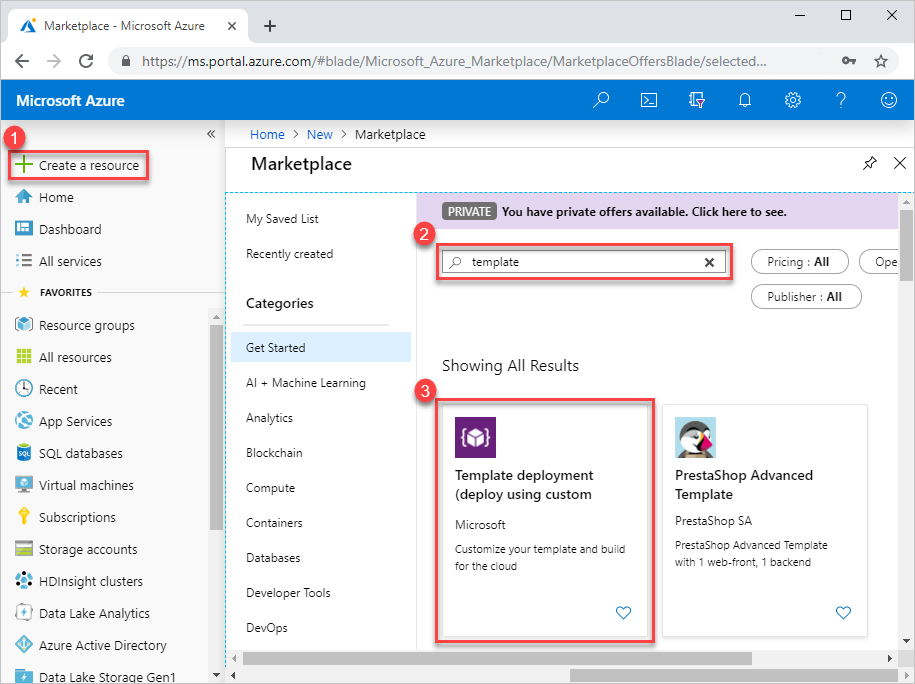 Snímek obrazovky s hledáním nasazení šablony v Azure Portal