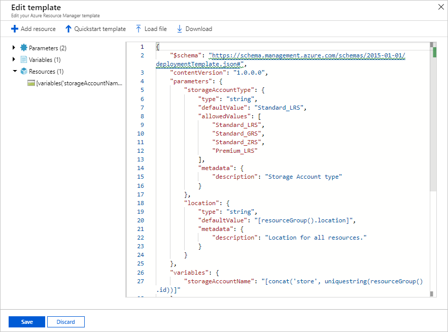 Snímek obrazovky s úpravou šablony JSON na webu Azure Portal