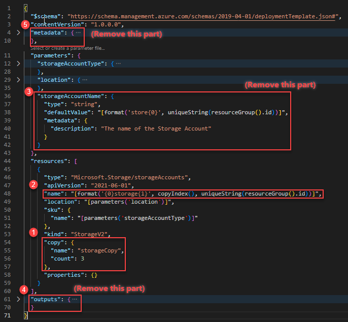 Snímek obrazovky editoru Visual Studio Code s Azure Resource Manager vytvářením více instancí