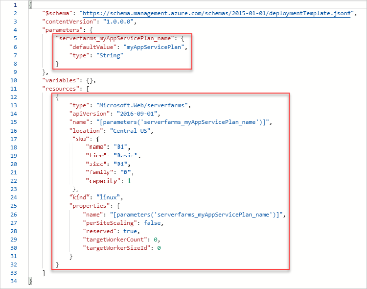 Snímek obrazovky s exportovaným kódem JSON šablony v Azure Portal