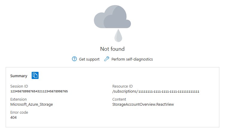Snímek obrazovky Azure Portal zobrazující odstraněný prostředek s chybovou zprávou Nenalezena v části Přehled prostředku
