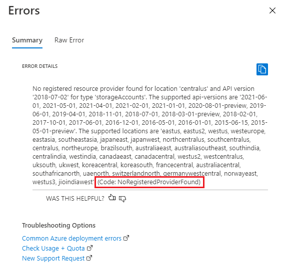 Snímek obrazovky se souhrnem chyb nasazení v Azure Portal zobrazující chybovou zprávu a kód chyby NoRegisteredProviderFound