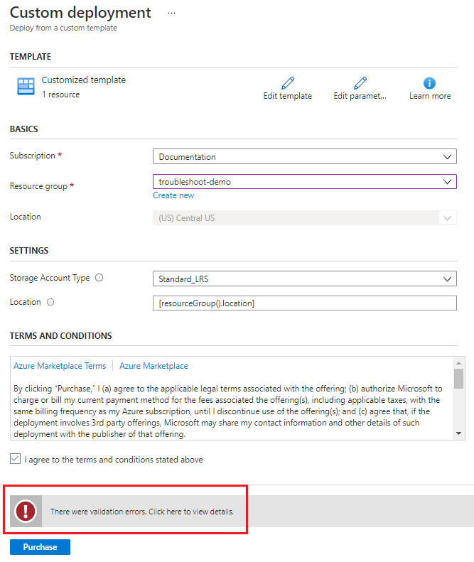 Snímek obrazovky s chybou ověření v Azure Portal pokusu o nasazení účtu úložiště