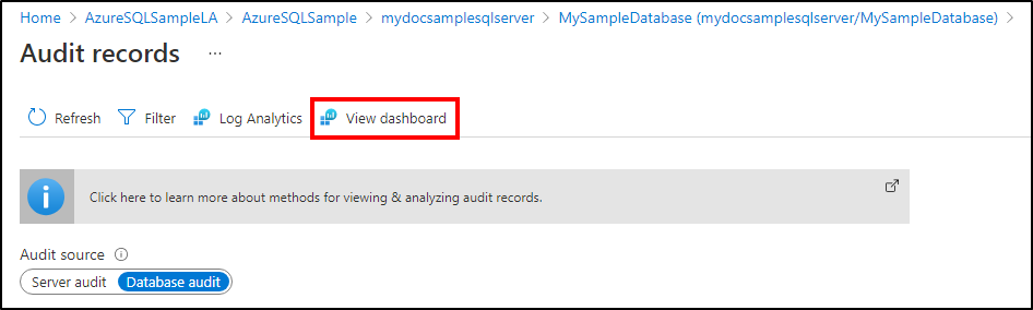 Snímek obrazovky s výběrem řídicího panelu zobrazení v nabídce Audit záznamů na webu Azure Portal