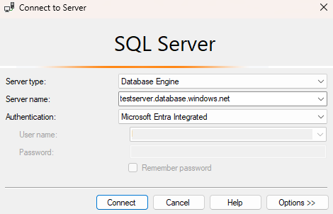 Snímek obrazovky se službou SSMS zobrazující integrované ověřování Microsoft Entra