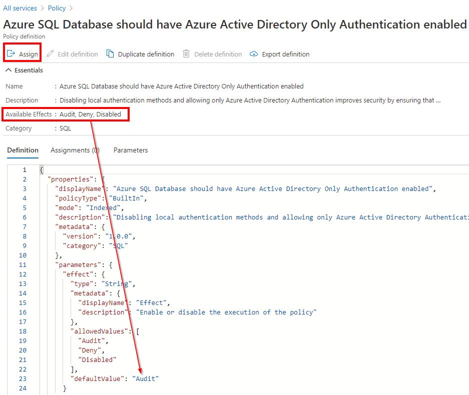 Snímek obrazovky s přiřazením služby Azure Policy pro ověřování jen pro Azure AD
