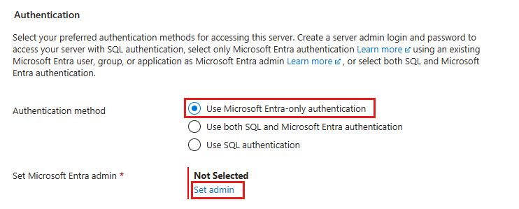 Snímek obrazovky webu Azure Portal s vybranou kartou Vytvořit spravovanou instanci SQL a vybranou možností ověřování Microsoft Entra-only