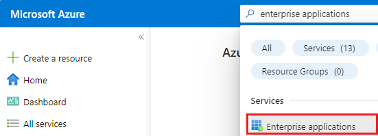 Snímek obrazovky s hledáním podnikových aplikací na webu Azure Portal