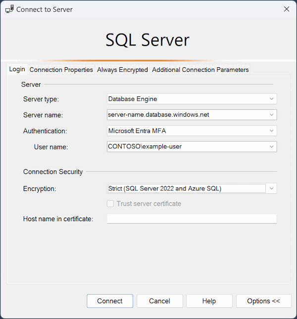 Snímek obrazovky s dialogovým oknem připojení pro Azure SQL