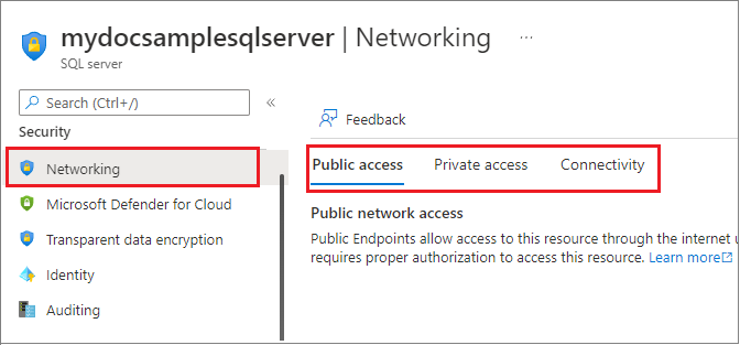 Snímek obrazovky s nastavením brány firewall a virtuálních sítí na webu Azure Portal pro SQL Server