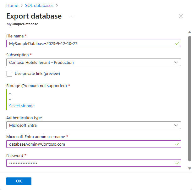 Snímek obrazovky se stránkou Exportovat databázi se zadaným uživatelským jménem a heslem