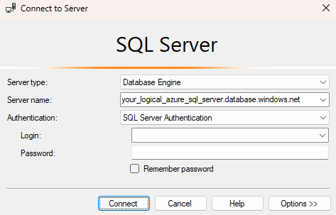 Snímek obrazovky s dialogovým oknem pro připojení k logickému serveru služby Azure SQL Database v aplikaci SQL Server Management Studio (SSMS).