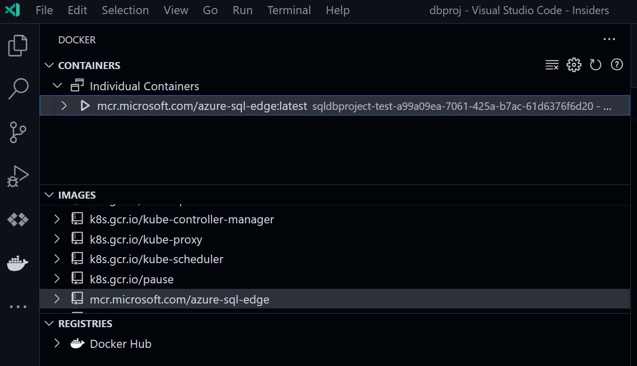 Snímek obrazovky s využitím rozšíření Dockeru k prozkoumání emulátoru služby Azure SQL Database