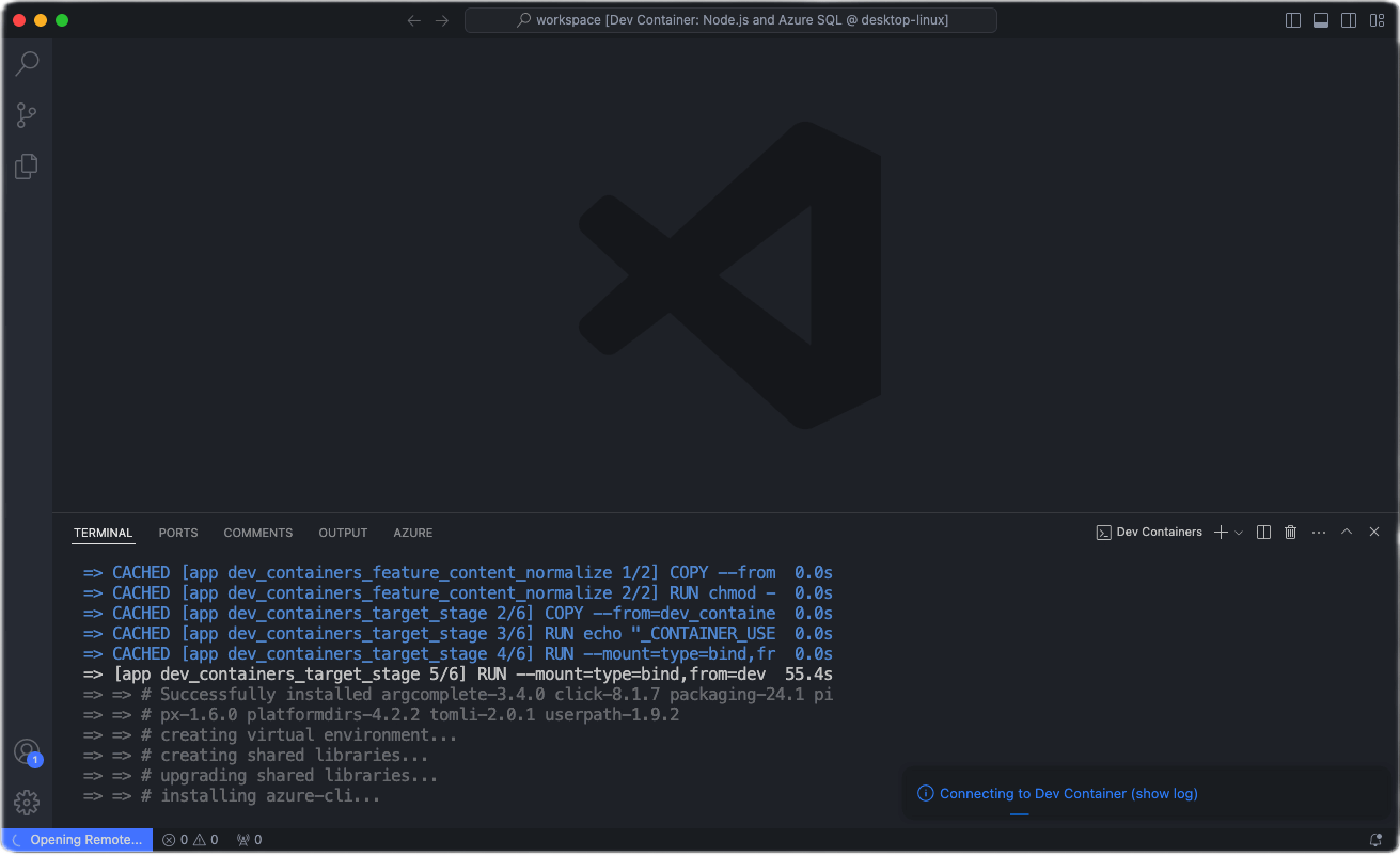 Snímek obrazovky editoru Visual Studio Code zobrazující protokol sestavení vývojového kontejneru