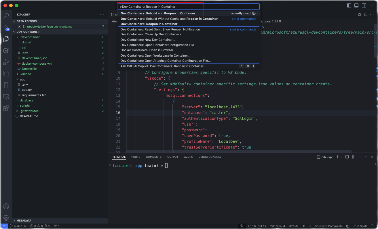 Snímek obrazovky s možností palety příkazů Dev Containers pro opětovné otevření v kontejneru v editoru Visual Studio Code