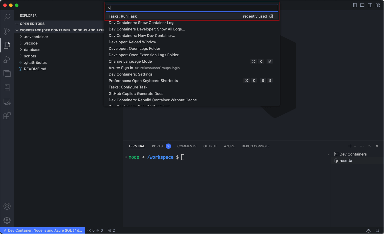 Snímek obrazovky s paletou příkazů editoru Visual Studio Code zobrazující možnost spouštění předdefinovaných úloh
