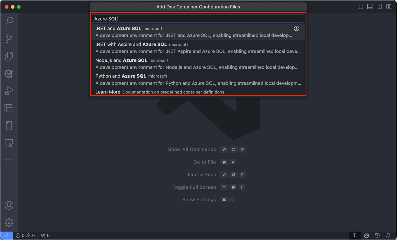 Snímek obrazovky editoru Visual Studio Code zobrazující dostupné šablony vývojových kontejnerů pro Azure SQL