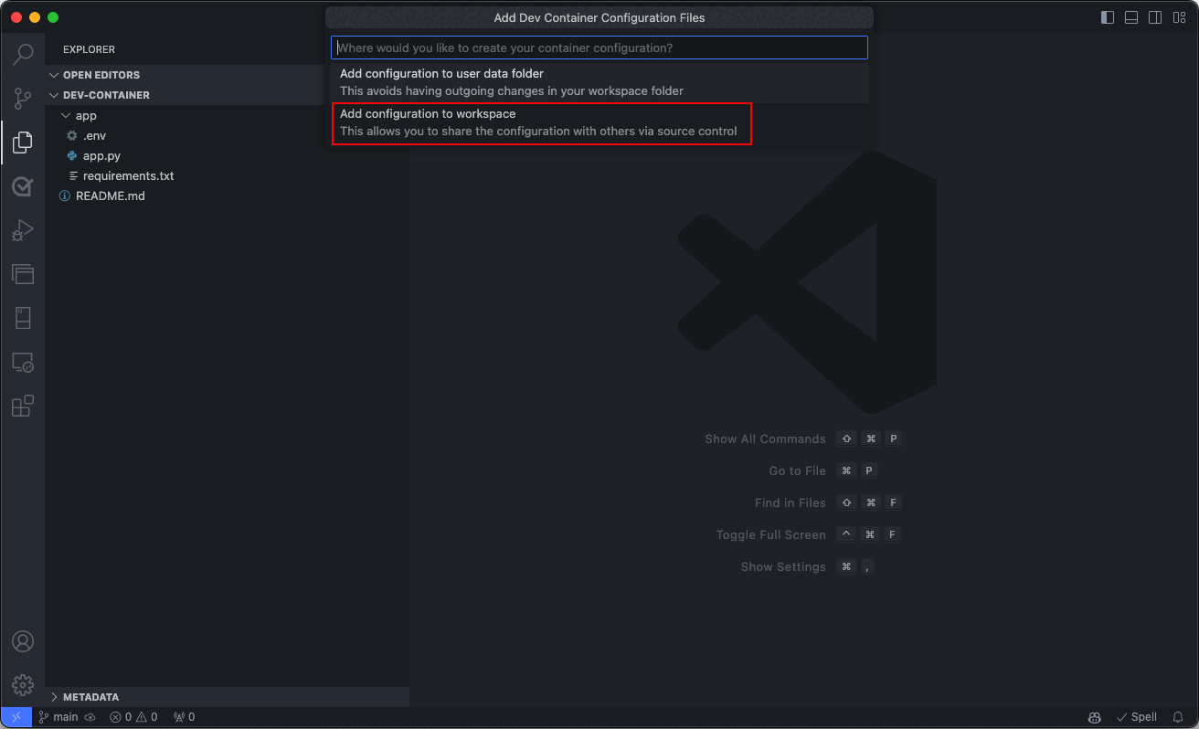 Snímek obrazovky s paletou příkazů editoru Visual Studio Code zobrazující možnost přidání konfiguračního souboru do pracovního prostoru