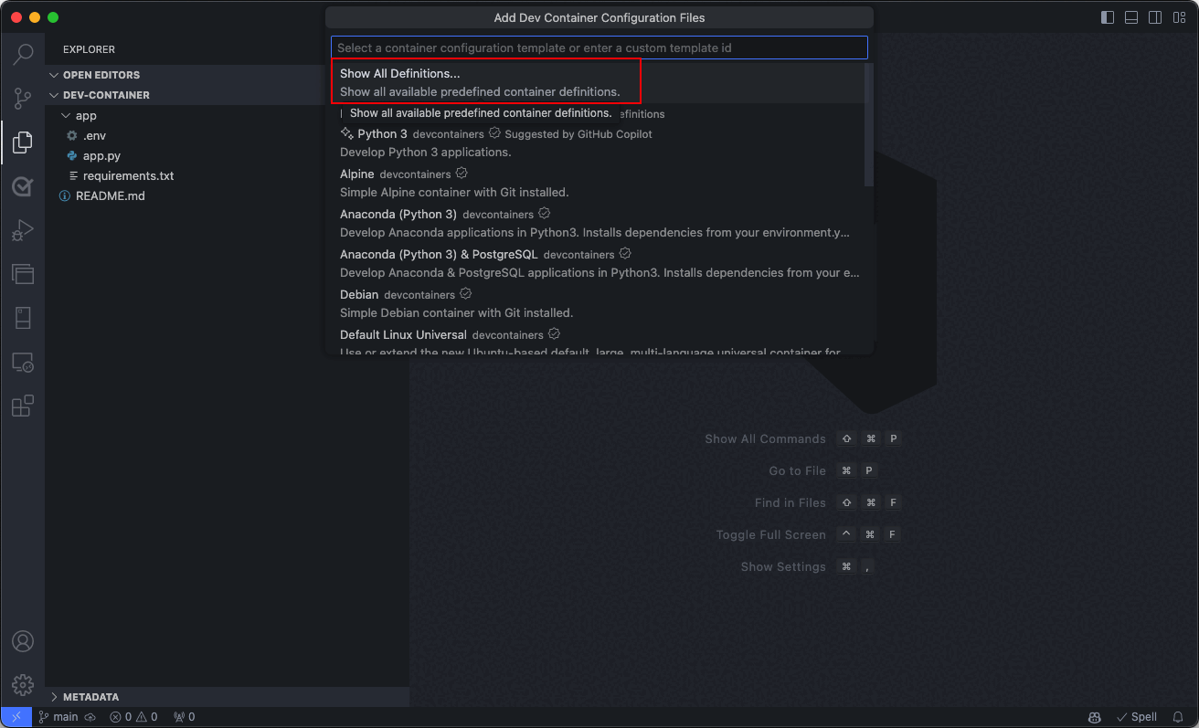 Snímek obrazovky s paletou příkazů editoru Visual Studio Code zobrazující možnost zobrazit všechny definice vývojového kontejneru