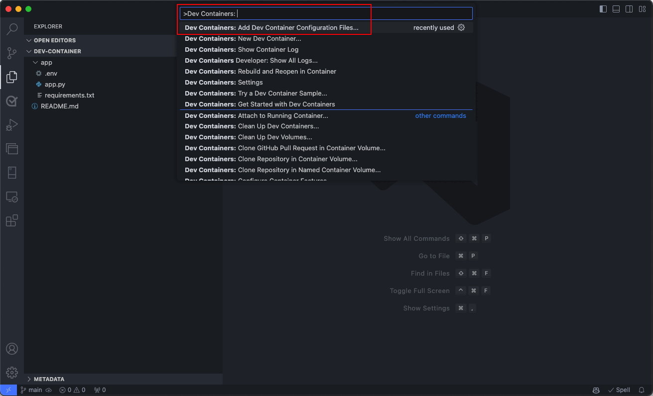 Snímek obrazovky s paletou příkazů editoru Visual Studio Code pro přidání konfiguračních souborů vývojového kontejneru