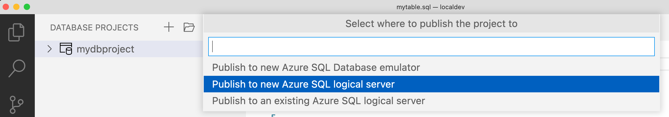 Snímek obrazovky s publikováním databázového projektu do Azure SQL Database