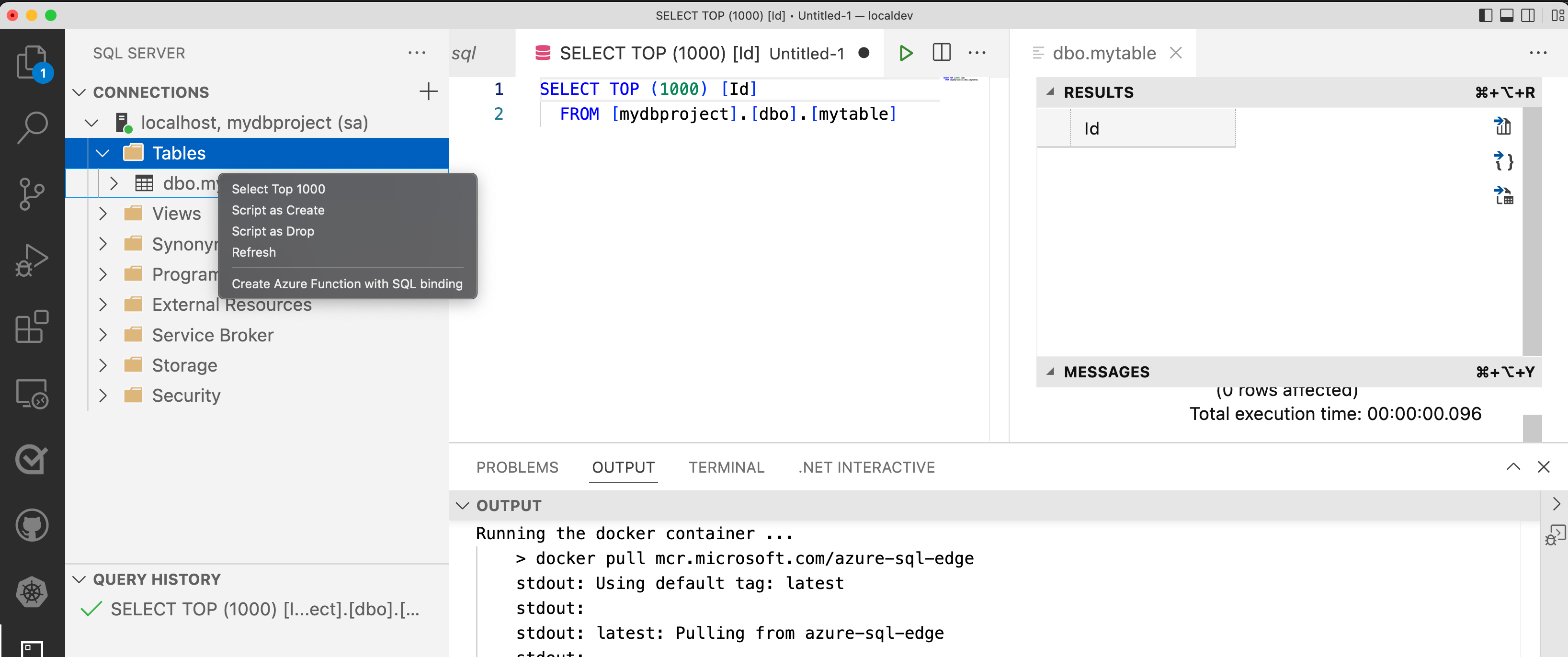 Snímek obrazovky s připojením a dotazováním emulátoru služby Azure SQL Database