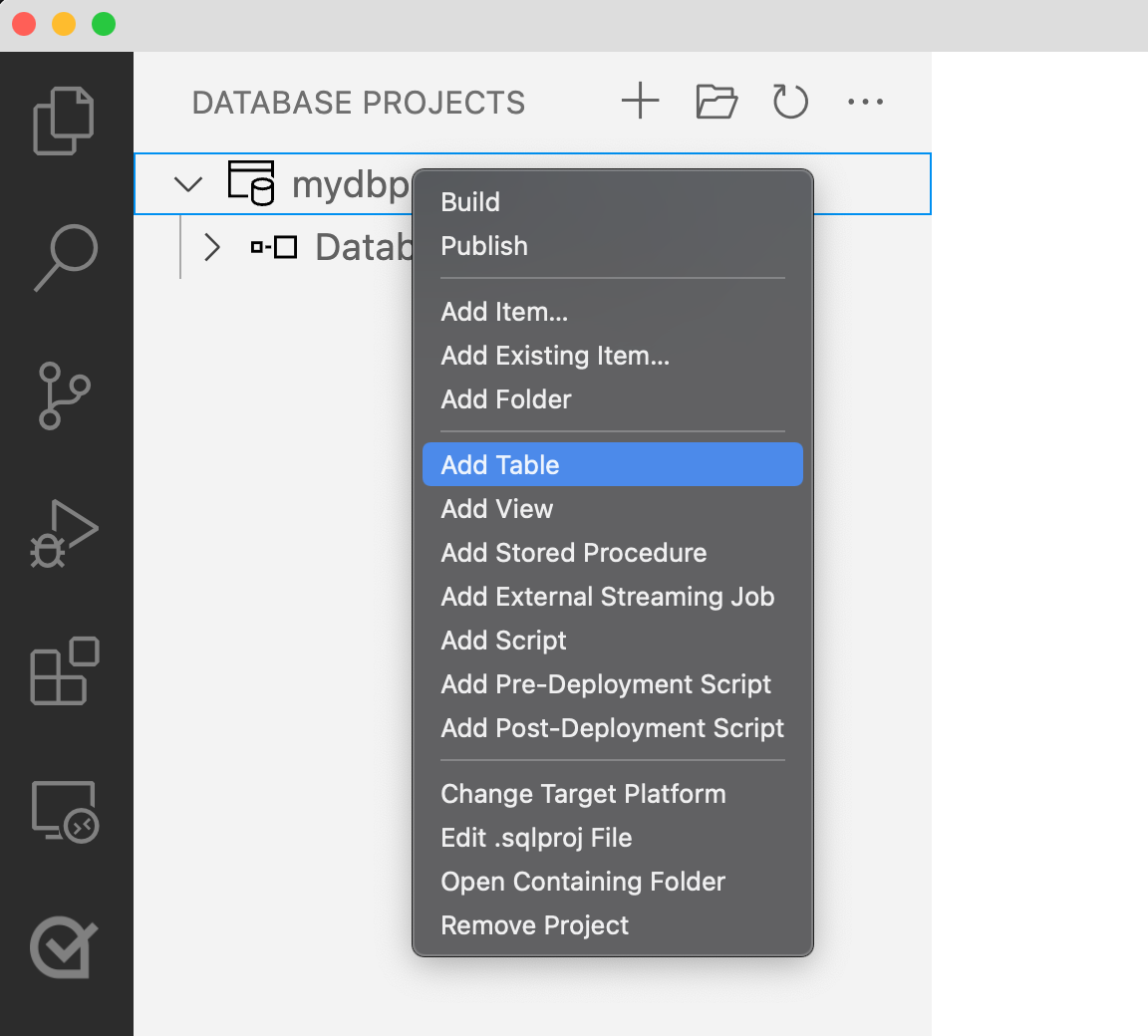 Snímek obrazovky s přidáním tabulky z nabídky Databázové projekty v editoru Visual Studio Code