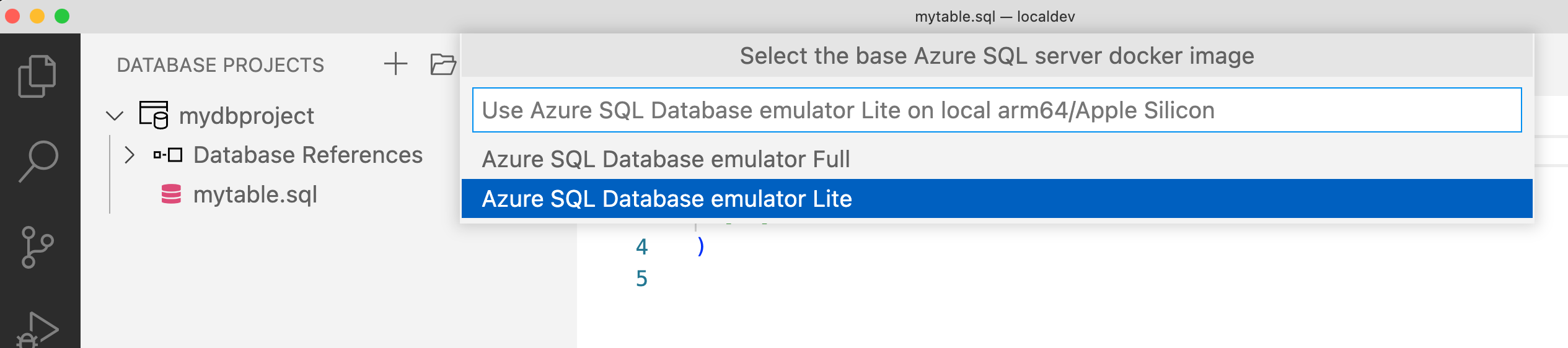 Snímek obrazovky s výběrem emulátoru služby Azure SQL Database v editoru Visual Studio Code