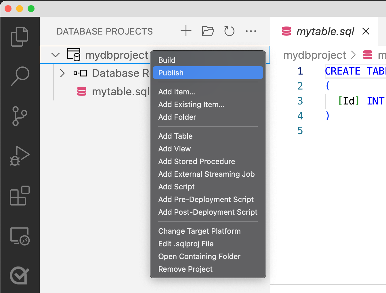 Snímek obrazovky s výběrem možnosti Publikovat v nabídce Projektu služby SQL Database v editoru Visual Studio Code