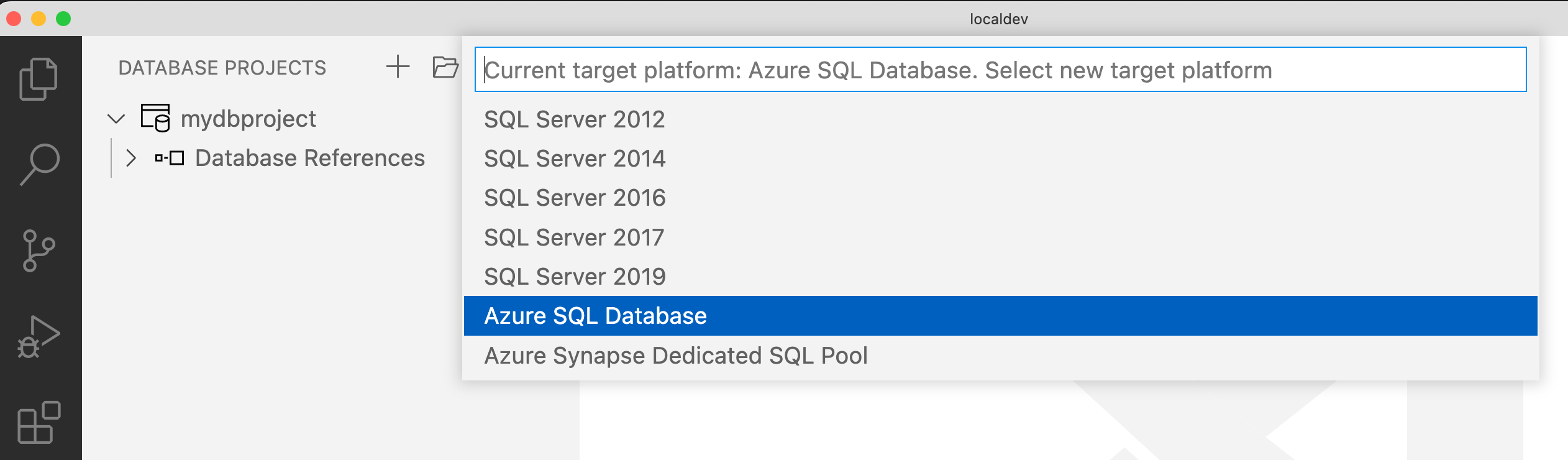 Snímek obrazovky s výběrem Azure SQL Database jako cíle pro databázový projekt