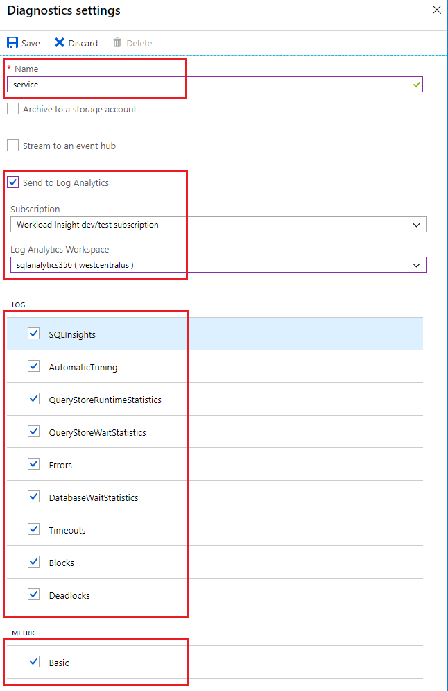 Configure diagnostics for Azure SQL Database.