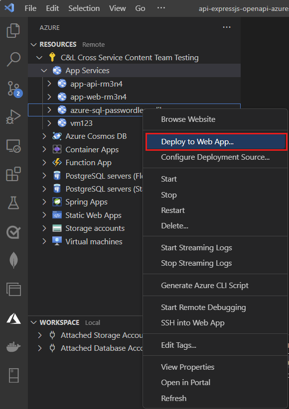 Snímek obrazovky editoru Visual Studio Code v Průzkumníku Azure se zvýrazněnou možností Nasadit do webové aplikace
