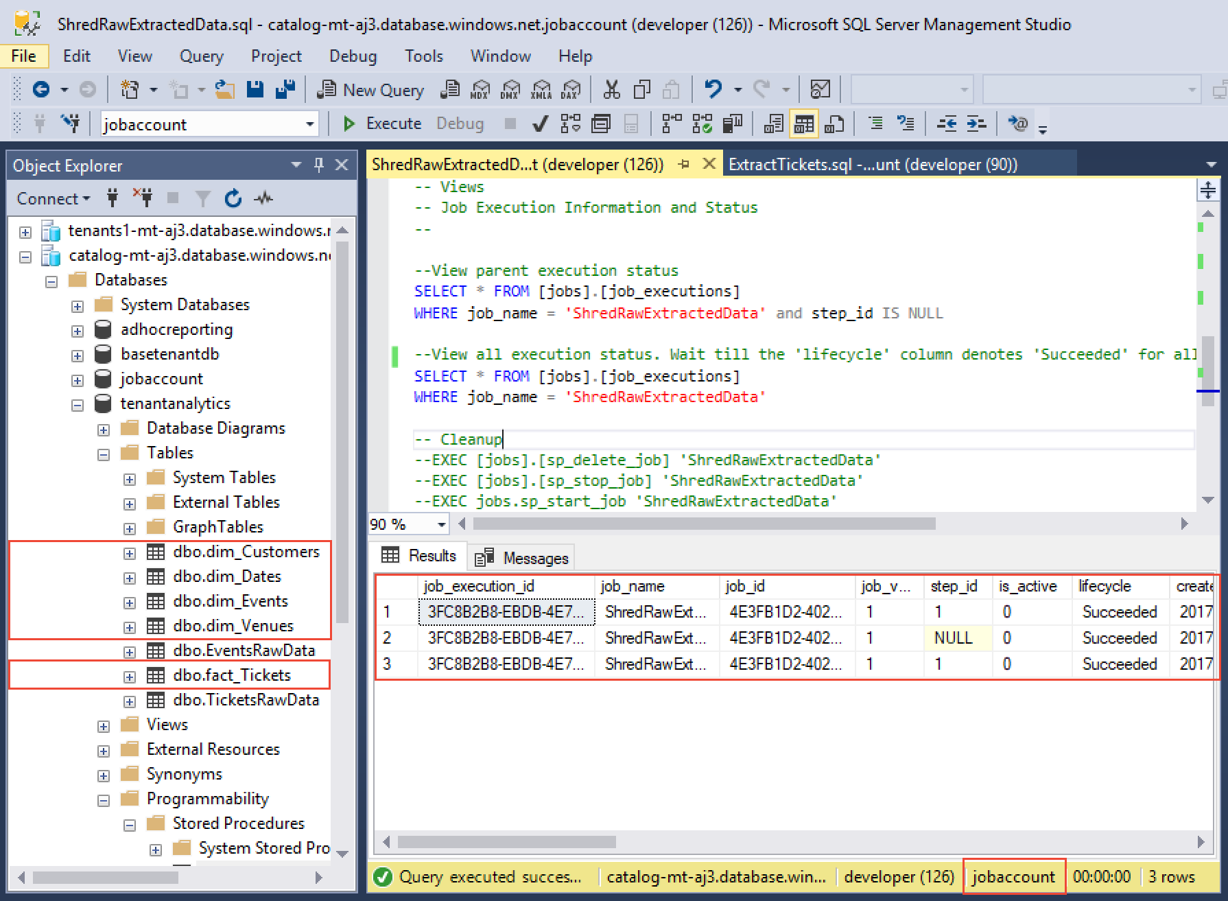 Screenshot shows the successful result of running the sp_ShredRawExtractedData procedure.