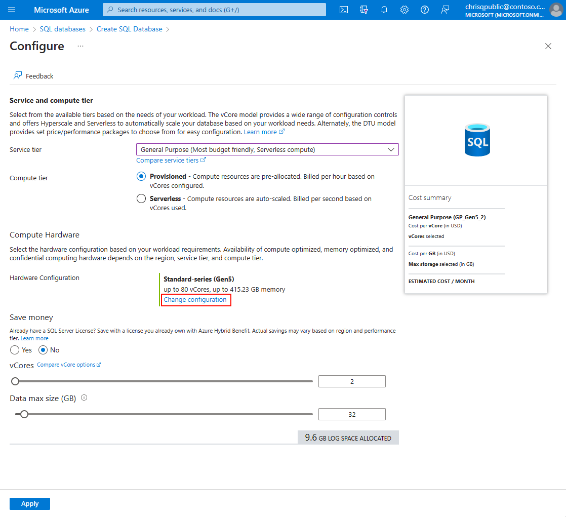 A screenshot of the Azure portal Create SQL Database deployment, on the Configure page. The Change configuration button is highlighted.